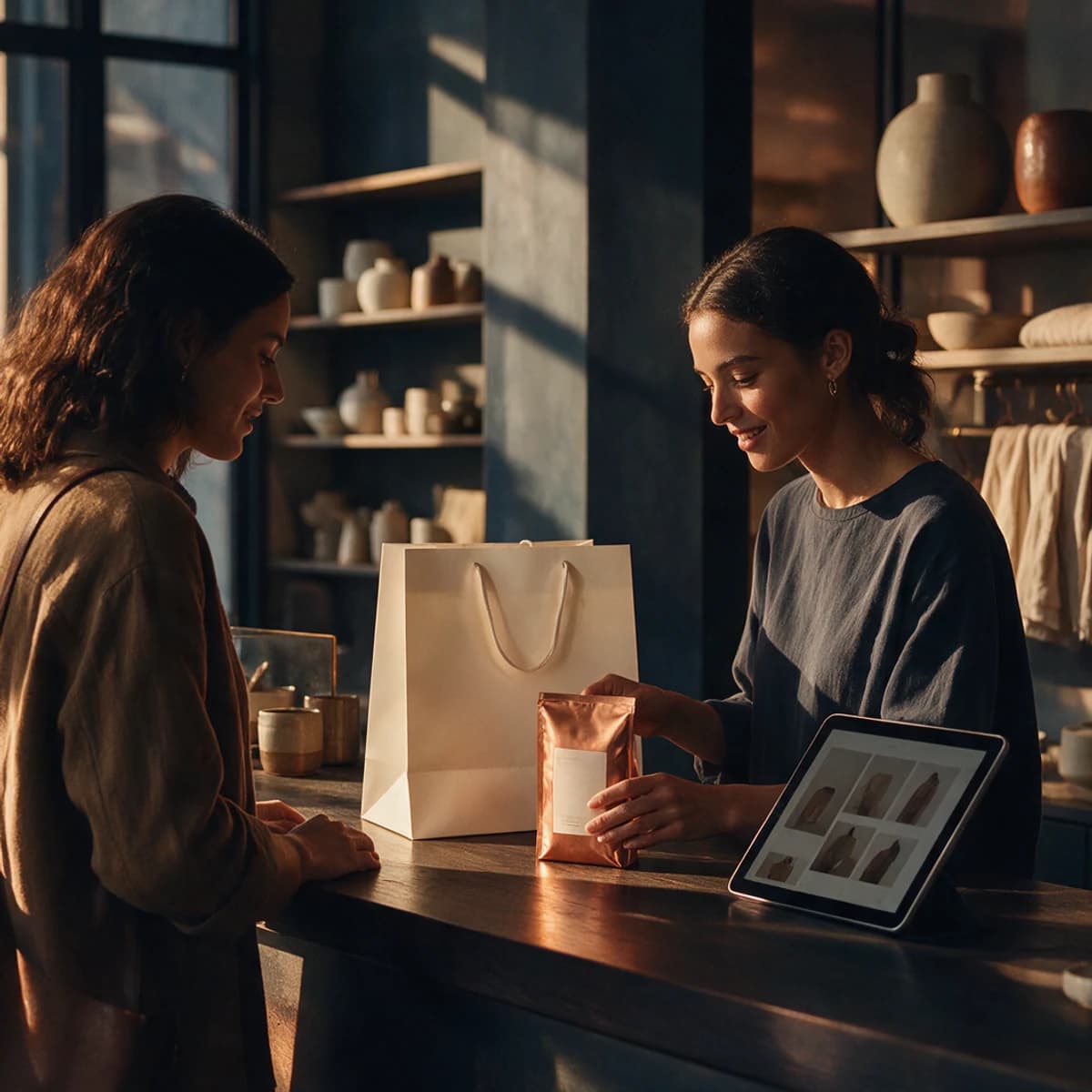 Illustrative customer and shop assistant sharing a shopping experience at a warmly lit boutique counter.