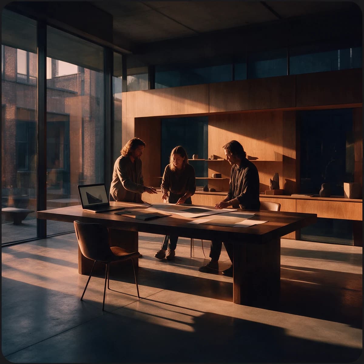 Illustrative creative team collaborating around a timber table in a warmly lit design studio.