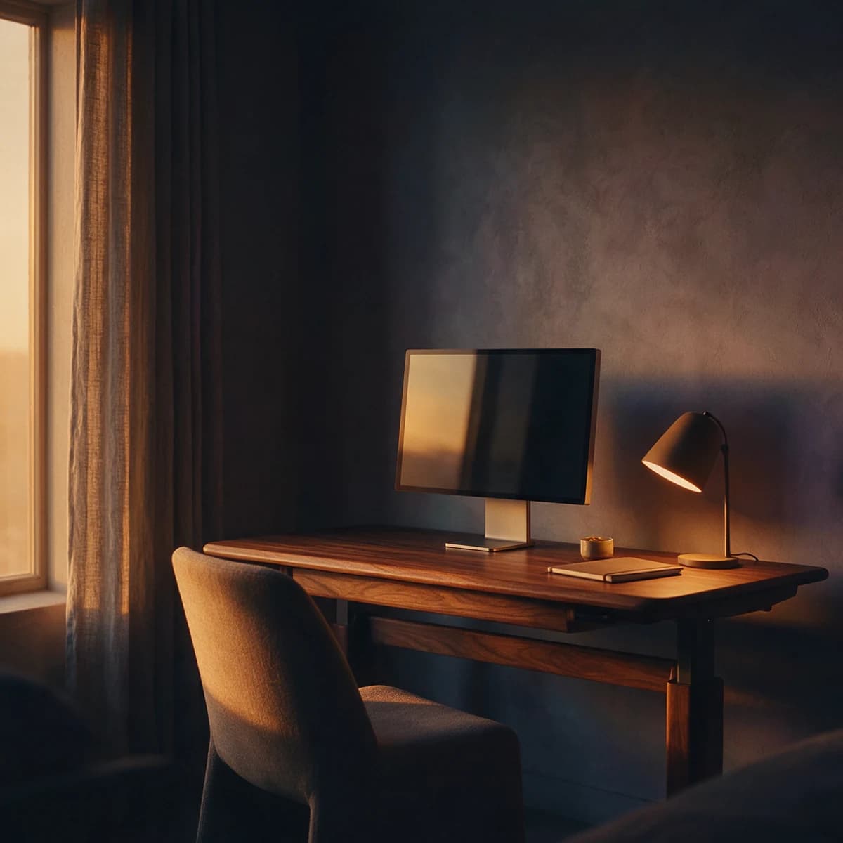 Illustrative home office with a walnut desk, a warm task lamp and soft evening light.