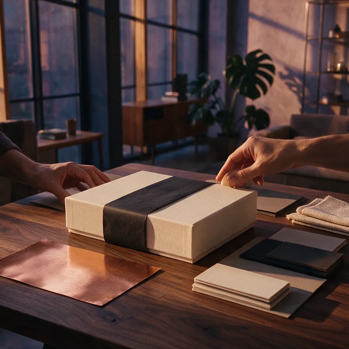 Illustrative designer arranging unbranded packaging, paper and copper material samples in an atelier.