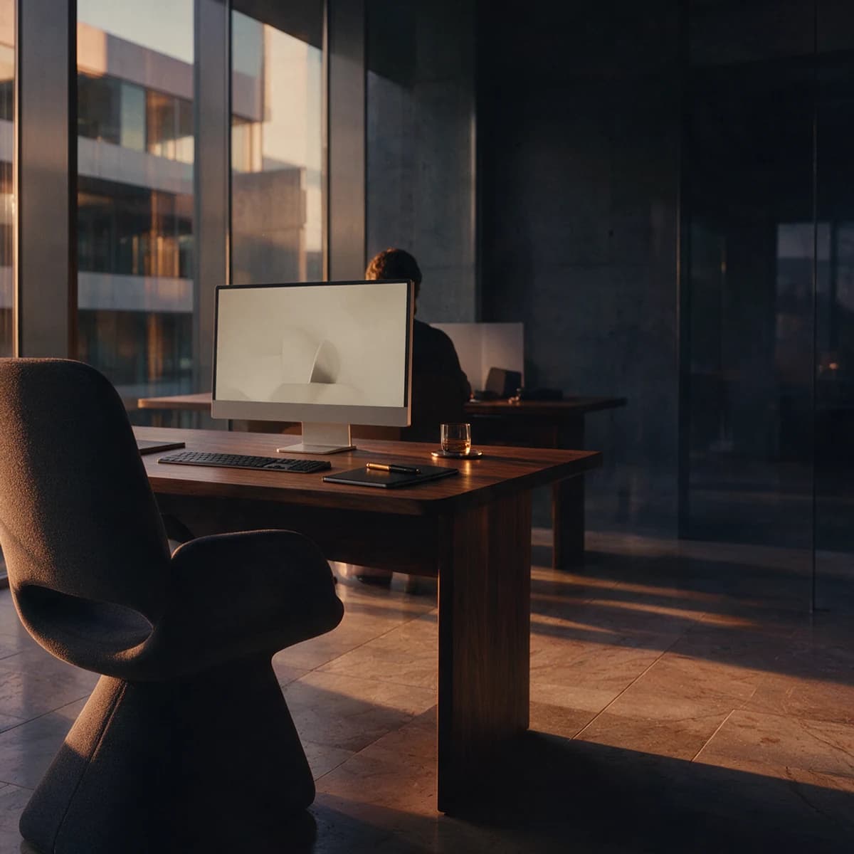 Illustrative modern workspace with a walnut desk and ergonomic chair in warm architectural sunlight.
