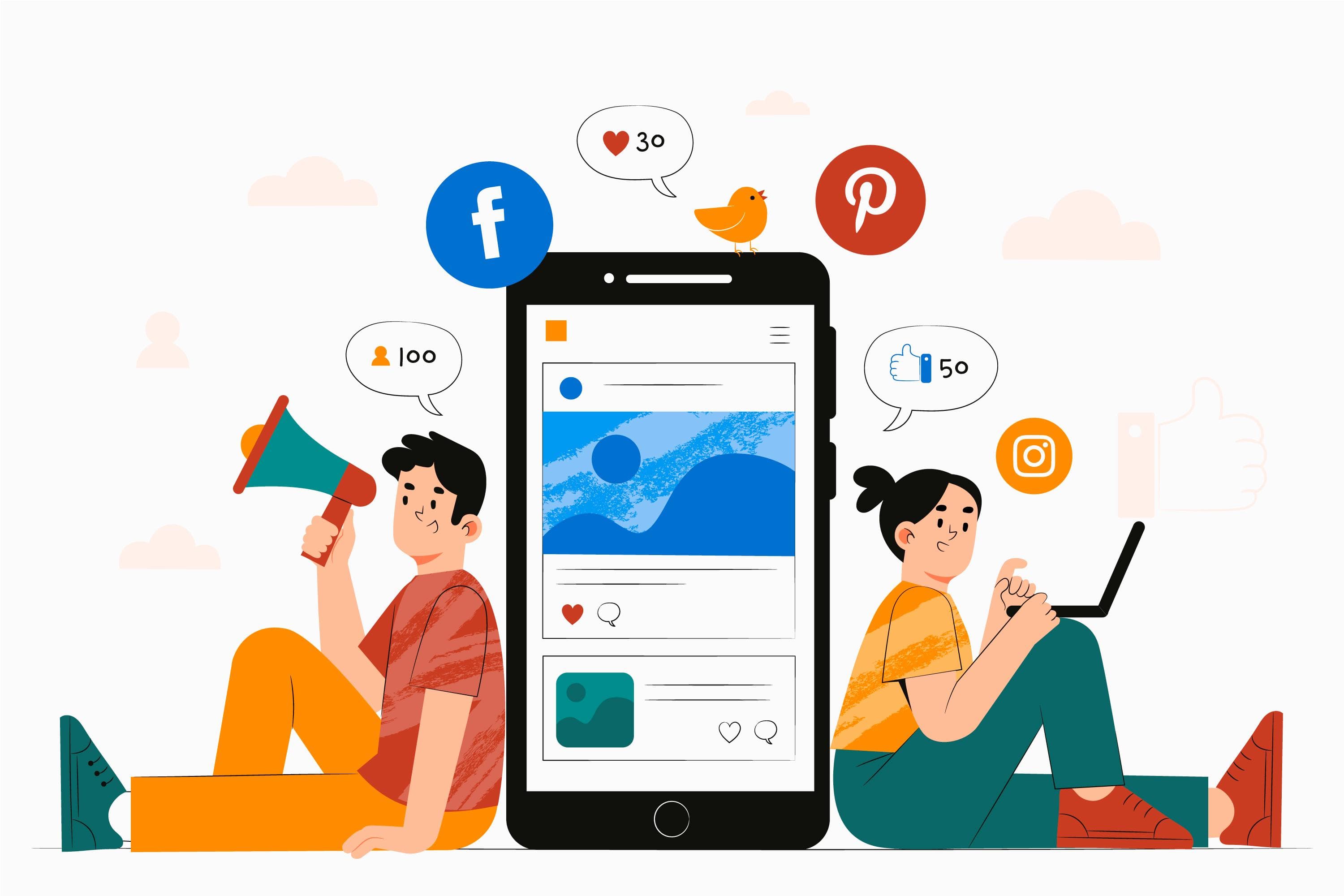 Social media graphics around a phone interface