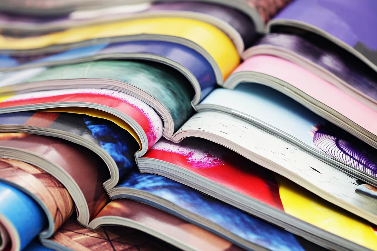 Open print catalog with colorful pages